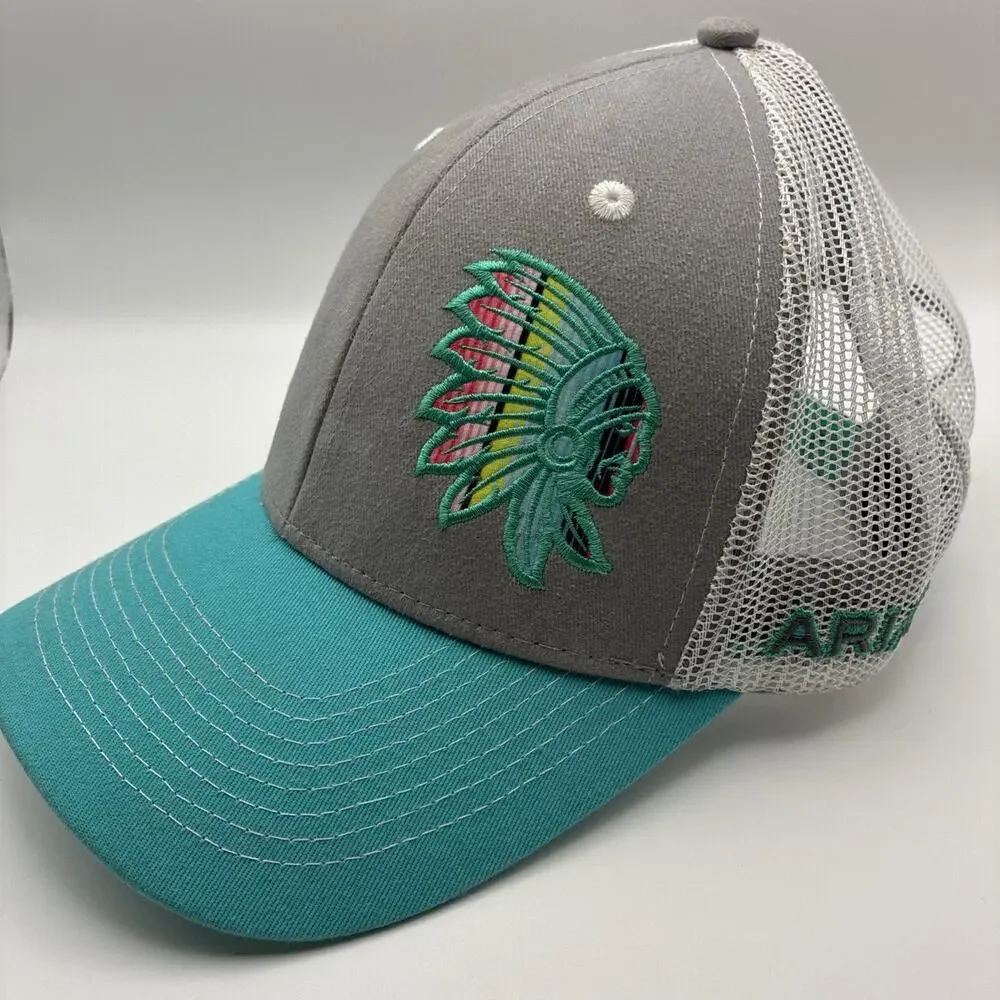 Ariat Turquoise and Gray Native American Mesh Back Snap Back Hat Cap